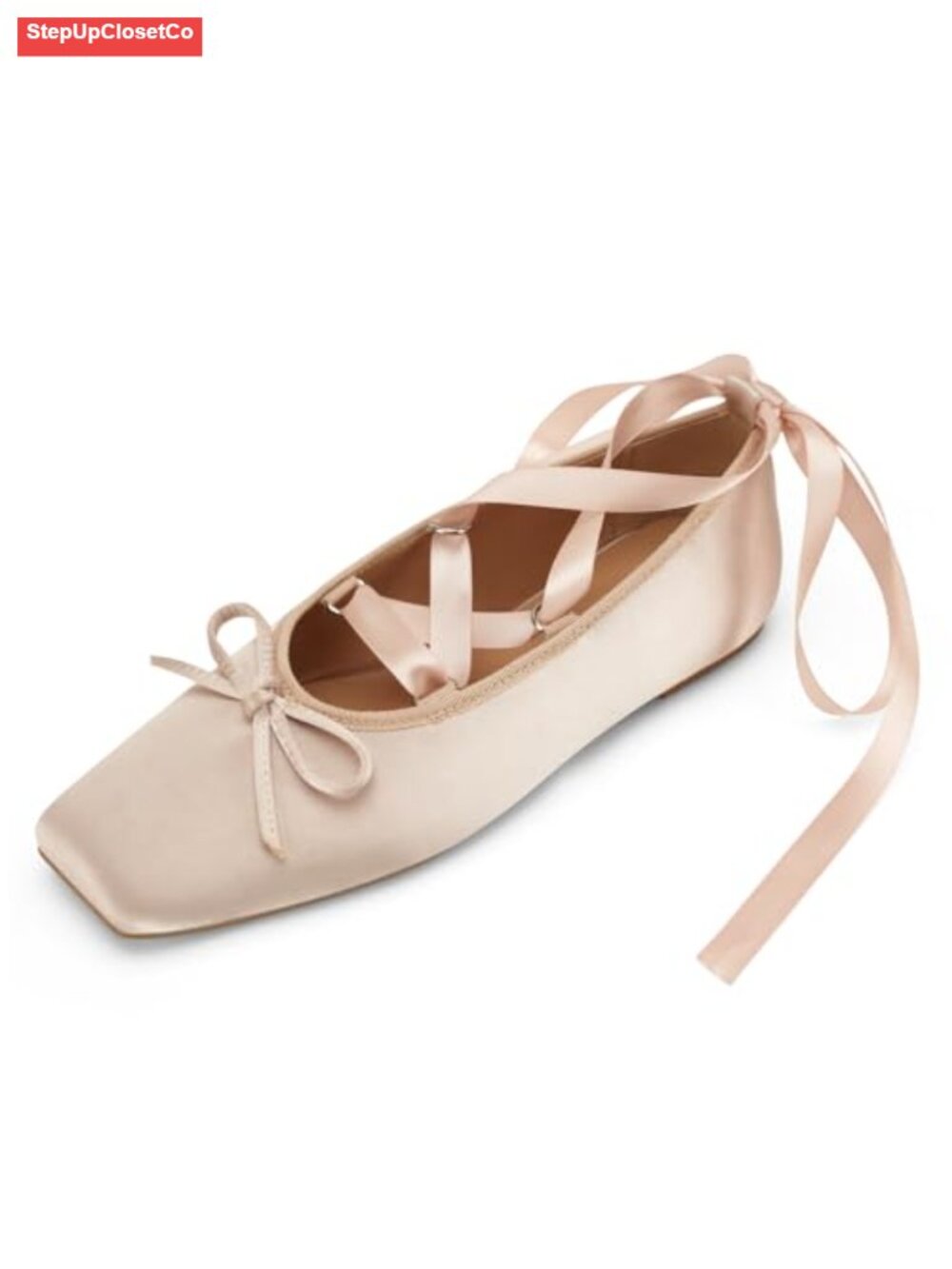 Women's Square Toe Satin Ballet Flats Lace-Up Bow